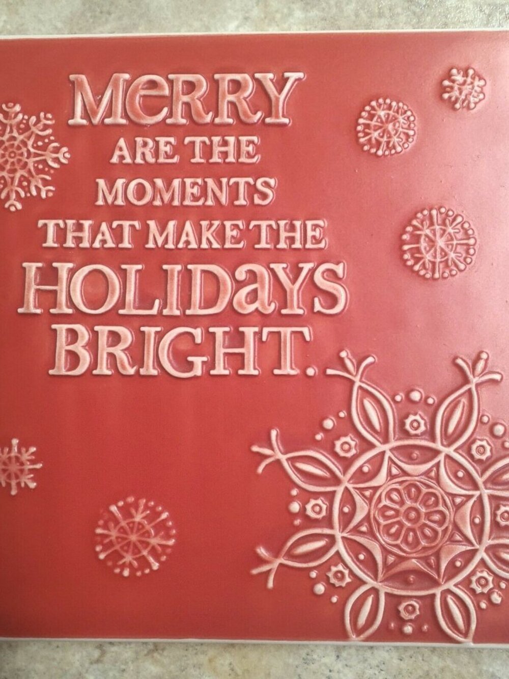 Hallmark Christmas Red Trivet embossed snowflake 6” ceramic tile Merry Moments